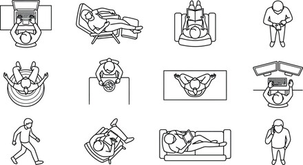 Fototapeta premium Set of People Activities Icons Top View Flat Line Illustration for Workplace and Home Lifestyle Design