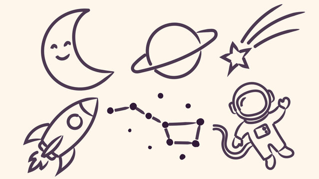 Space Doodles Vector Element Set. Cute Hand Drawn Astronaut, Spaceship Rocket, Saturn Planet, Crescent Moon, Shooting Star, and Big Dipper Constellation Line Art Icons for Kids Education