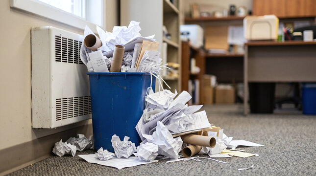 Overflowing office trash bin filled with crumpled waste paper beside heater