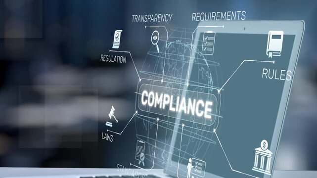 A modern laptop displays the concept of compliance with words related to governance, transparency, and regulations, suitable for business and technological themes. Salient