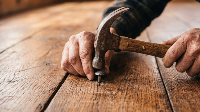 Close-up of carpenter hands hammering a nail into vintage wooden floorboards.