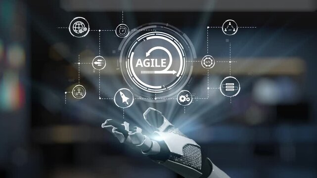 A futuristic robot hand extends towards a digital agile interface filled with various data icons, symbolizing innovation, technology, and modern connectivity. Salient