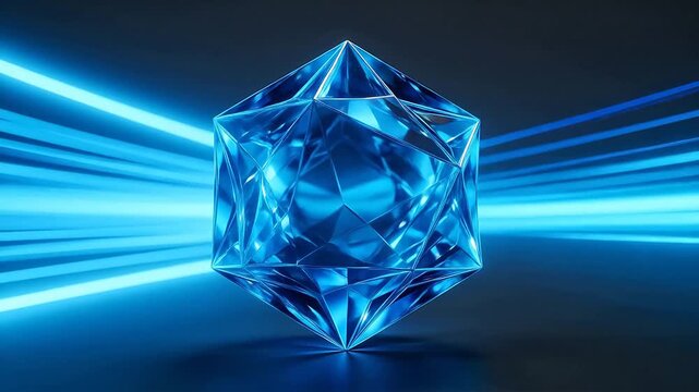 Blue purple transparent crystal prism with glowing radiating light rays on dark background