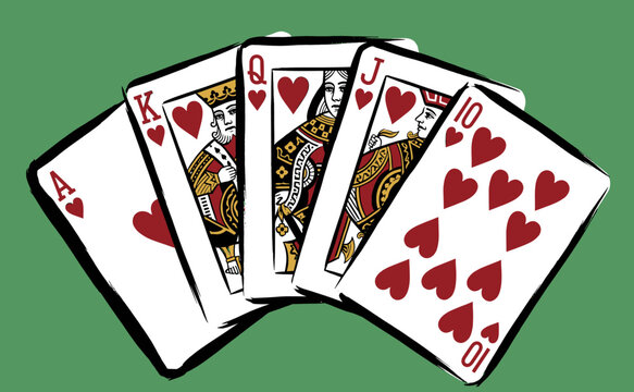 Hand drawn royal flush playing cards illustration with hearts suit for poker and casino gambling games