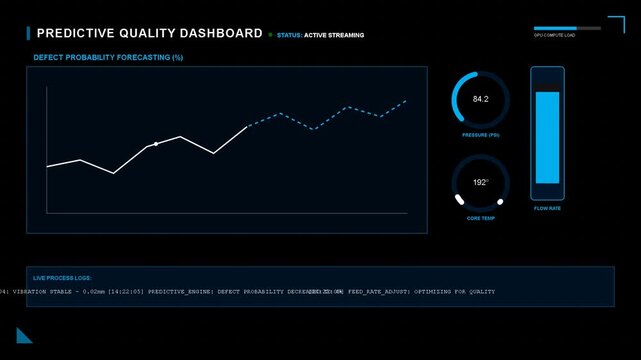predictive quality dashboard analytics interface with live performance line graph, data monitoring, technical process oversight, system efficiency metrics