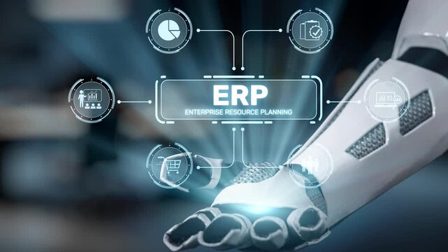 A modern robotic hand showcases the concept of enterprise resource planning with digital icons, illustrating innovation and integration in business technology solutions. Salient