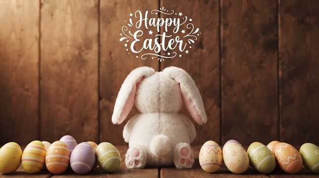 Cute easter bunny with colorful pastel eggs at wooden background 