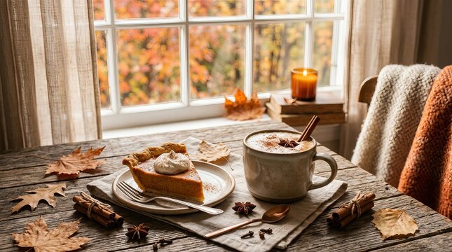 Pumpkin pie slice with whipped cream on plate next to cinnamon coffee cup set on rustic wooden table with autumn leaves by window view of fall foliage.