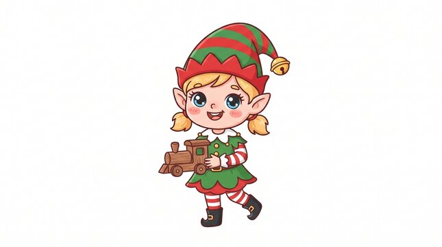 Cute Christmas elf girl holding wooden toy train cartoon illustration isolated on white background