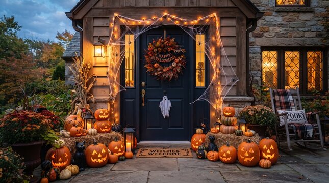 Halloween front porch with glowing jack o lanterns string lights ghost and witches welcome mat
