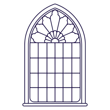 Outline vector illustration of an arched church window with a decorative floral rose window design