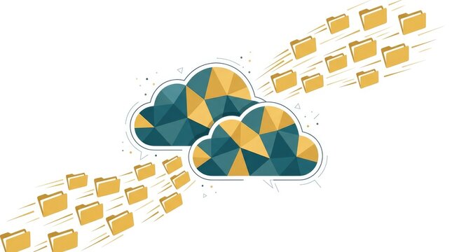 Digital cloud computing concept featuring geometric blue and yellow shapes transferring many golden office file folders