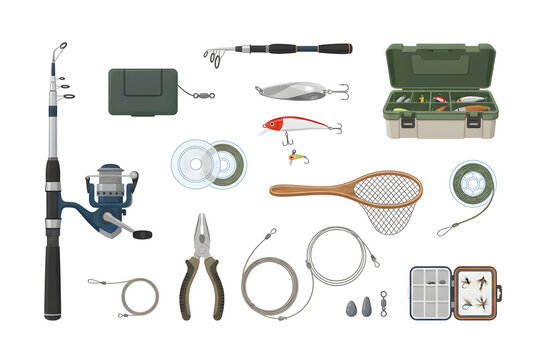 Fishing gear vector illustration set with rod, reel, tackle box, lures, hooks, net, and equipment isolated on white background