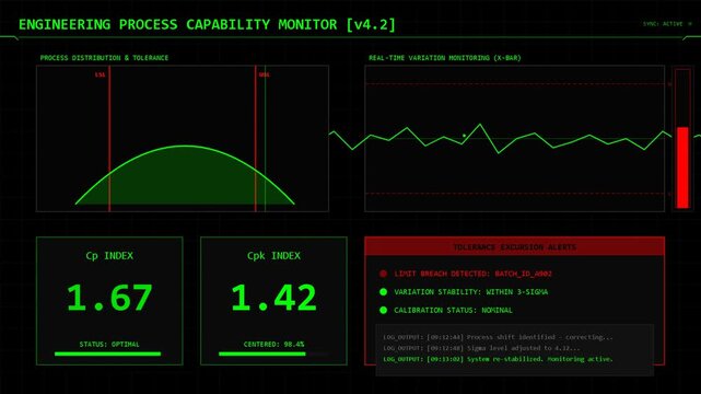 Digital engineering process capability monitor interface with real time statistical analysis, waveform visualization, and production data metrics