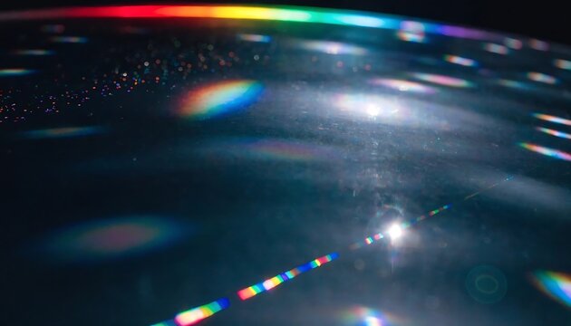 Abstract background featuring colorful light leaks and prism lens flares on a dark reflective surface