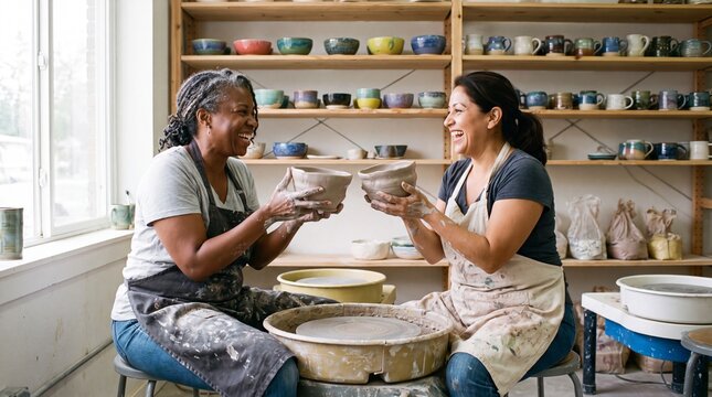 Two women laughing at lopsided pottery bowls