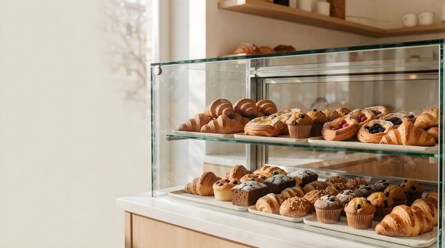 Fresh croissants and pastries in a glass bakery case