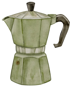 Watercolor illustration of a green moka pot