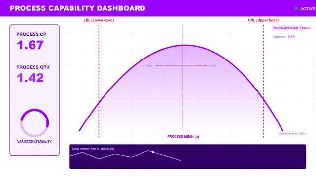 Process capability dashboard showing normal distribution curve, quality control metrics, statistical analysis, manufacturing efficiency data
