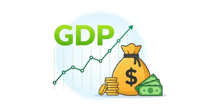 Financial gdp growth illustration featuring rising green arrow over gold money bag and paper cash