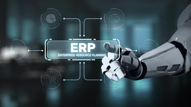A robotic hand engages with digital graphics representing ERP, highlighting innovation in enterprise resource planning, efficiency, and modern business strategies in a digital environment. Salient