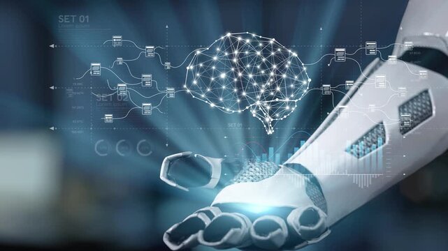 A robotic hand showcases a glowing digital brain network, symbolizing artificial intelligence and advanced technology in data visualization and machine learning. Salient
