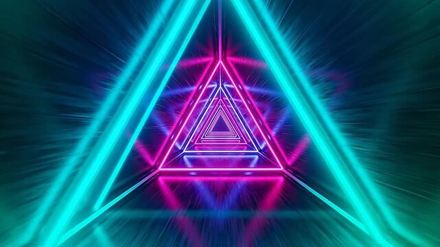 Neon triangle tunnel with pink and blue glowing lights and deep perspective