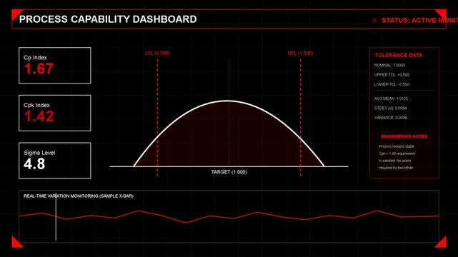 Digital process capability dashboard with statistical bell curve, data metrics, quality control charts, industrial monitoring, analytics interface