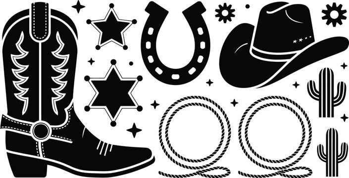 Cowboy elements set, classic western symbols with rope saddle horse and pistol silhouettes for rodeo ranch and frontier themes.