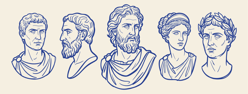 Hand drawn blue line art vector set of antique Roman and Greek busts and statues