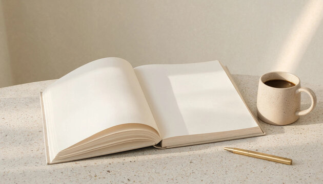 Open blank notebook with gold pen and coffee cup on textured surface for creative writing or journaling concept