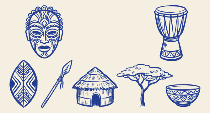 Hand drawn blue line art vector set of African tribal culture elements including mask drum and hut