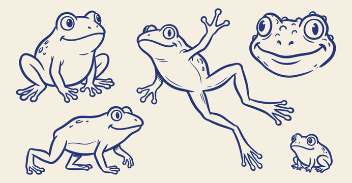Hand drawn blue line art vector set of cute frogs in various poses against a light background
