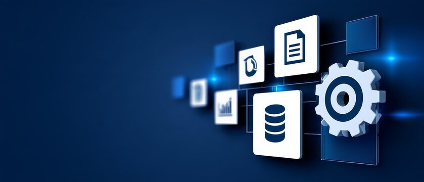 ERP dashboard modules with documents database and gear icons