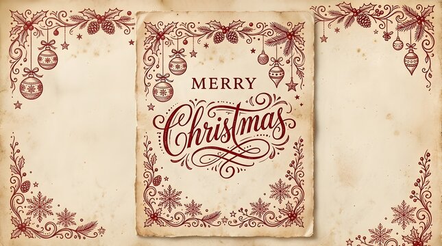 Vintage merry christmas greeting card with hand drawn ornaments and snowflakes on aged paper