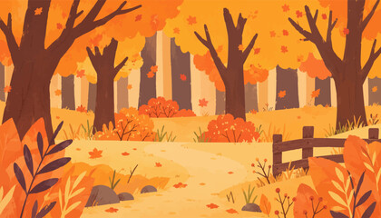 Naklejka premium Hand Drawn Autumn Forest Path with Warm Fall Foliage and Rustic Fence.eps