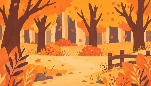 Hand Drawn Autumn Forest Path with Warm Fall Foliage and Rustic Fence.eps