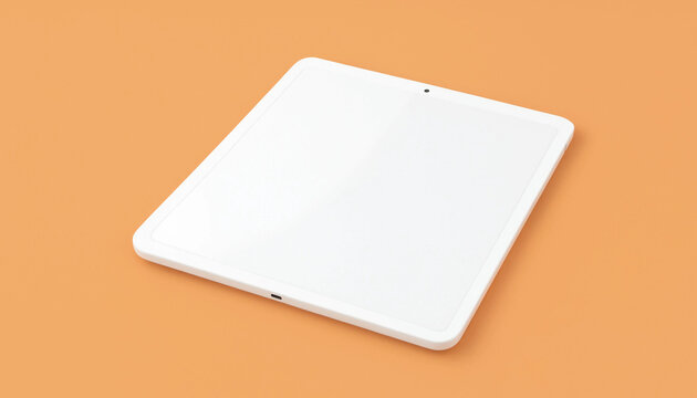 White tablet device on orange background with minimalist design and blank screen for digital concept
