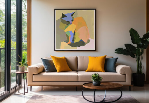 Modern Living Room Mockup PSD With Abstract Art And Cozy Decor