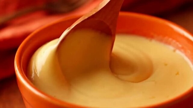 Creamy vanilla pudding in orange ceramic bowl, smooth custard dessert with wooden spoon, sweet dairy snack for food blog or recipe video