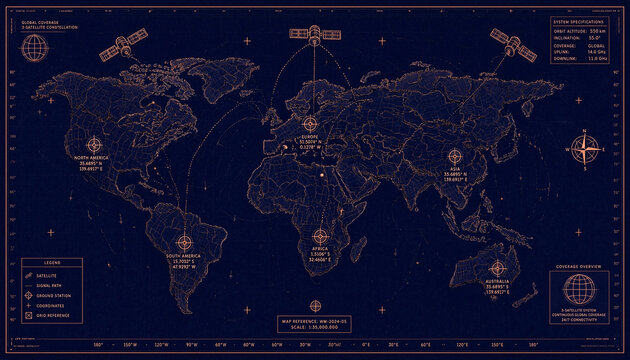 Global satellite communication network map with orbital paths and ground station coverage across continents