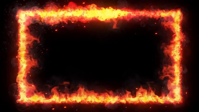 Cinematic fire frame with burning flames and sparks. Glowing orange heat border on black background. Intense fiery rectangular overlay for video.