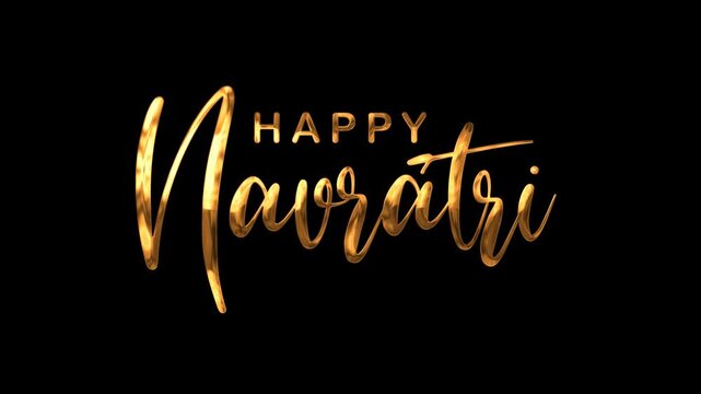 Happy navratri text animation greeting in metallic gold on a shiny black background design. Suitable for festive social media graphics and presentations.