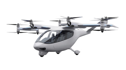 Futuristic electric VTOL air taxi, autonomous passenger drone for urban mobility, white multicopter aircraft with multiple rotors for advanced flight isolated PNG with Transparent Background © Hasnain