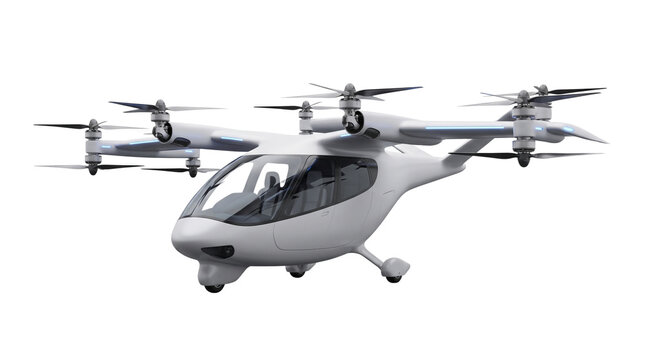 Futuristic electric VTOL air taxi, autonomous passenger drone for urban mobility, white multicopter aircraft with multiple rotors for advanced flight isolated PNG with Transparent Background