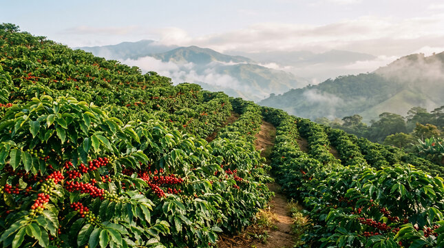 Scenic view of green coffee trees filled with ripe red cherries growing on hillside plantation under foggy mountain background.