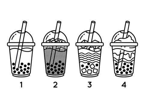 Four stylized boba tea drinks with different toppings in cups.
