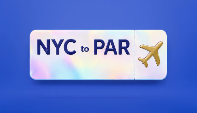 Flight ticket concept from nyc to par with golden airplane icon on holographic background