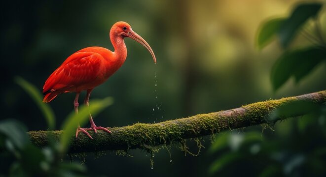 Crimson Solitude: A Dewdrop's Descent in Emerald Haze