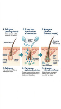 Hair Growth Phases and Exosome Treatment, featuring exosome serum, telogen, anagen, exosome application, hair follicle, activation signaling, dermal papilla
